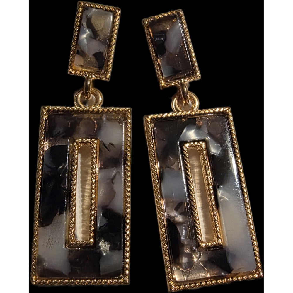 Lovely Gold Tone Based Epoxy Shell Rectangle Drop Dangle Post Earrings